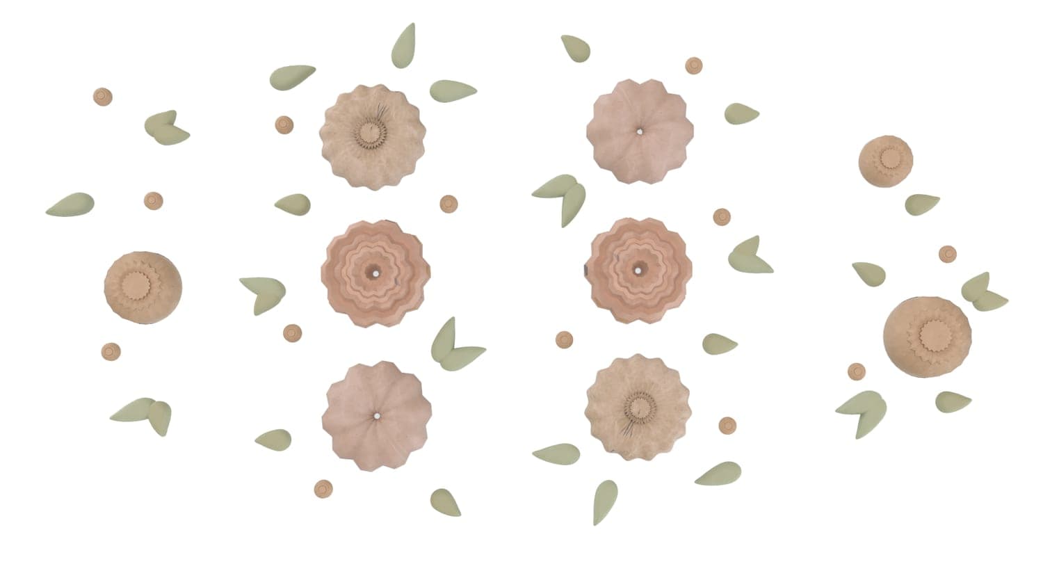 Top-down render of pastel 3D flower-shaped cake models with sage green leaves arranged on a white background for the Blossom packaging project.