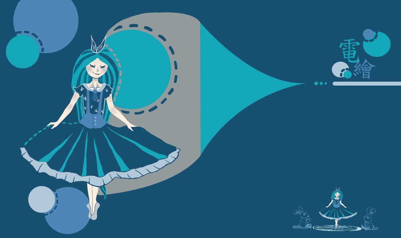 Teal-and-blue flat illustration of a long-haired girl in a rabbit-themed dress spreading her skirt, with circles, a small rabbit vignette and characters for digital painting