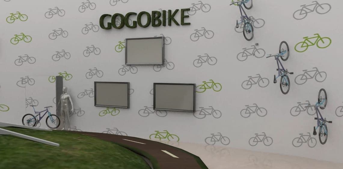 3D render of a GOGOBIKE exhibition wall with bicycle-pattern wallpaper, wall-mounted bikes, three display screens, and a curved indoor cycling track below
