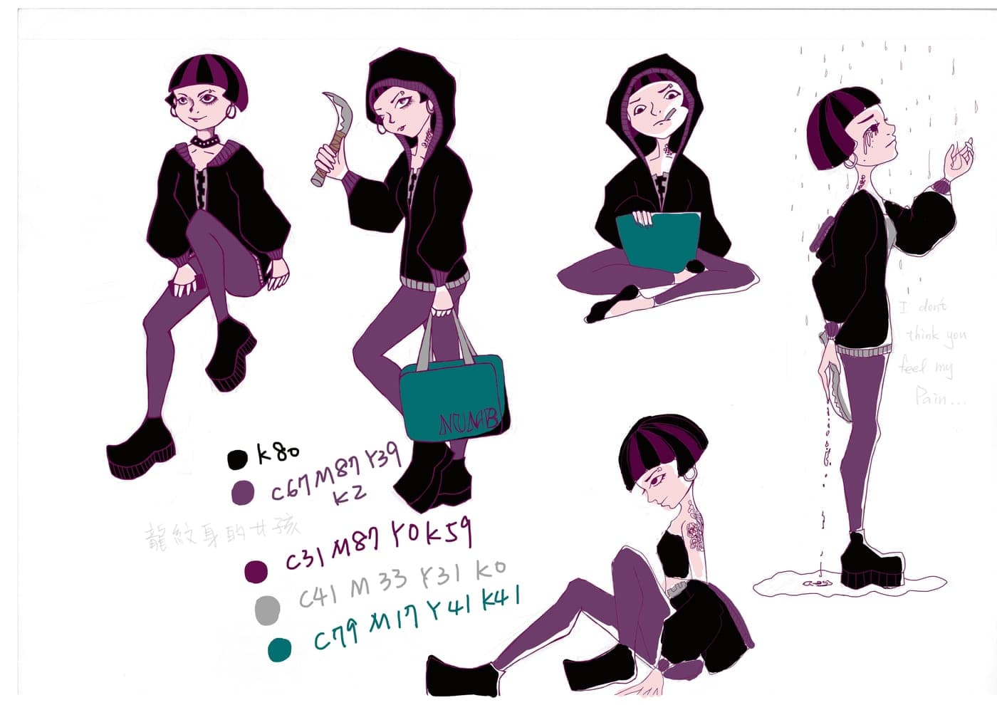Digital character sheet of a purple-haired hooded girl in five poses with a sickle, a NUMB bag and color swatches
