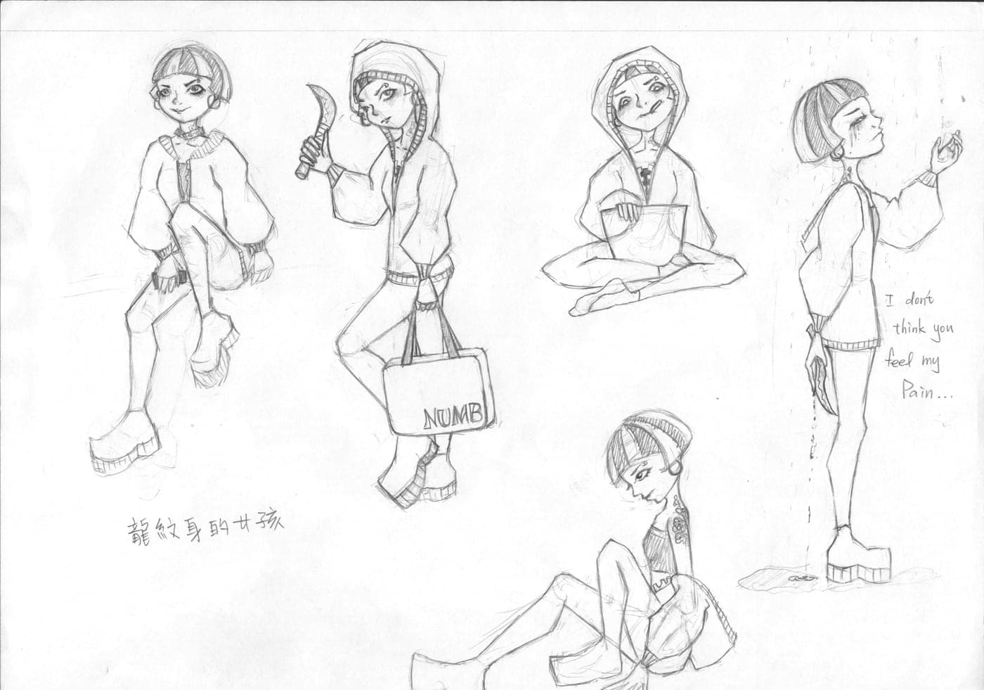 Pencil character sheet of the hooded girl in five poses with a sickle and a bag labeled NUMB, with handwritten notes