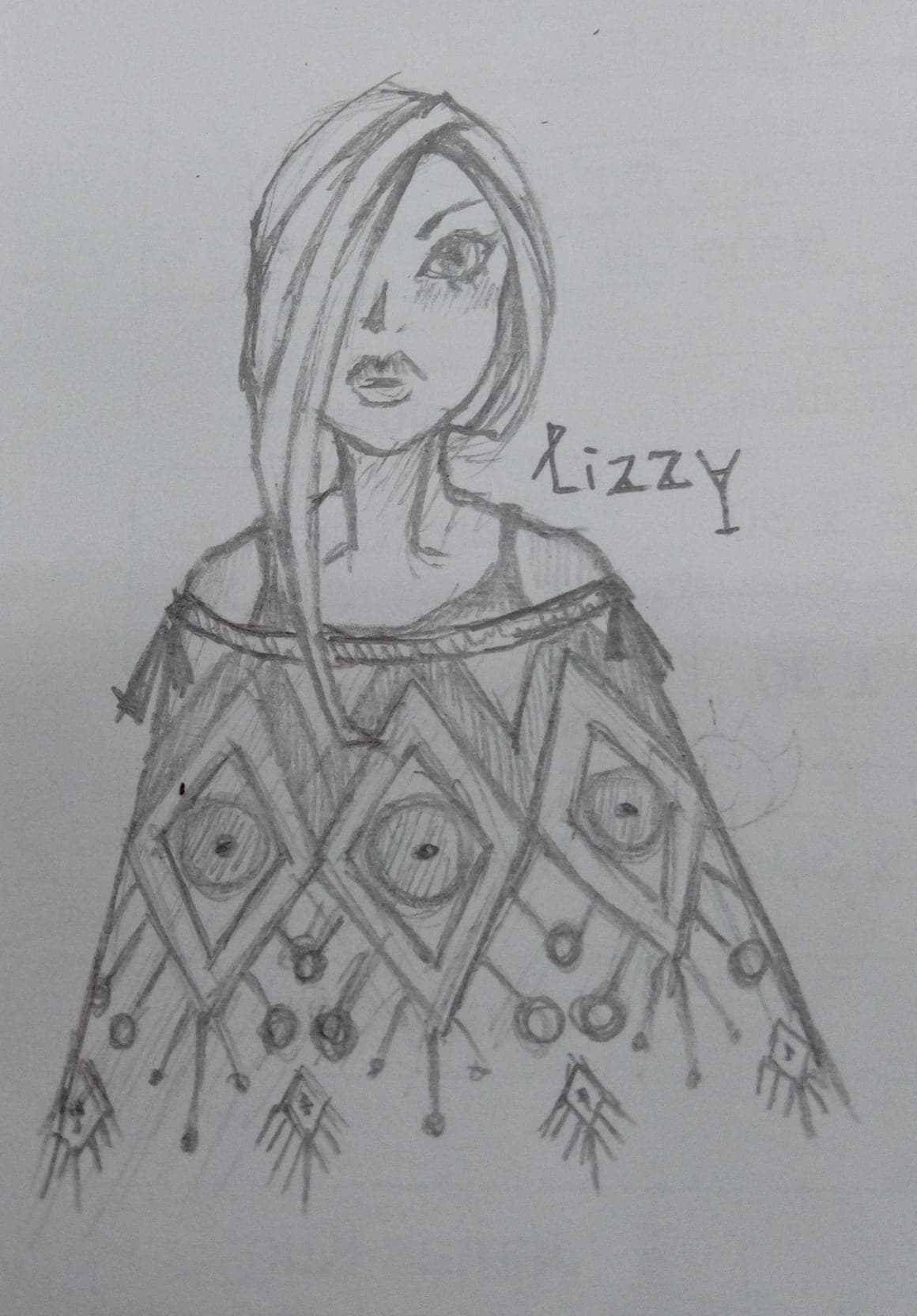 Pencil sketch of a girl with long side-swept hair, inscribed with the character name Lizzy