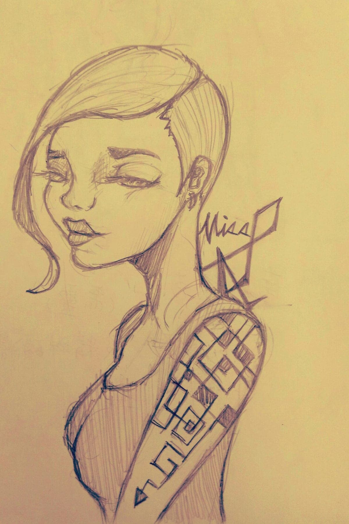 Pencil sketch of a woman with an undercut hairstyle and a geometric arm tattoo, with the word Miss lettered beside her