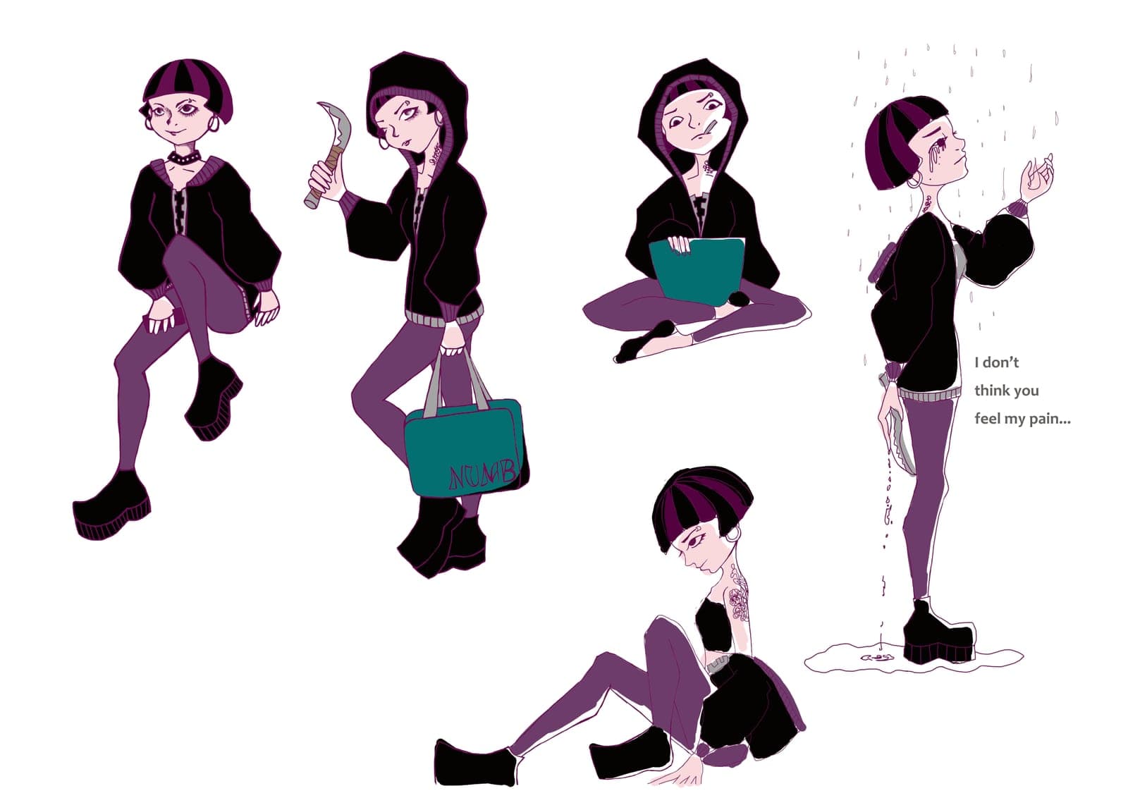 Flat-color character design sheet of a goth girl in a black hoodie and purple leggings, with pose and detail studies