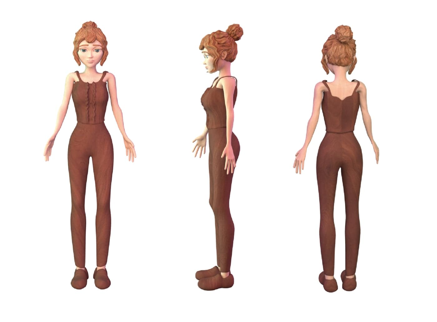 Character turnaround of the heroine: front, side and back views of the wooden-textured girl with a curly bun and brown jumpsuit
