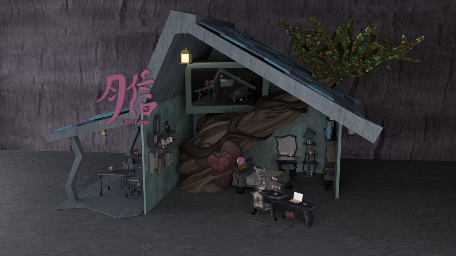 Later Letter 3D set: a cutaway treehouse with a heart-shaped burl, bed and desk, and a tree growing through the roof