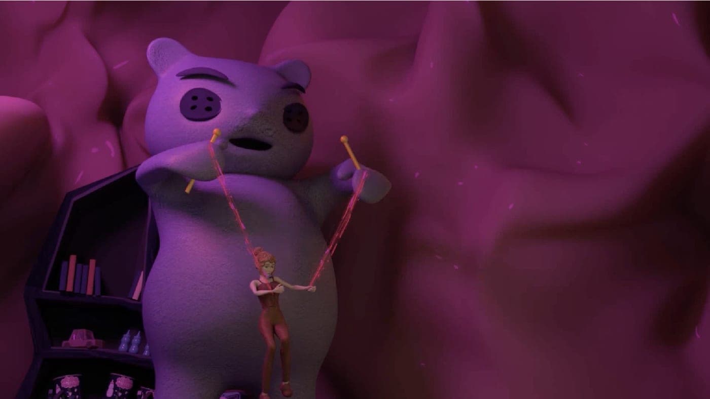 Film still: a giant plush bear with button eyes holds knitting needles, moving the small heroine on red strings like a marionette