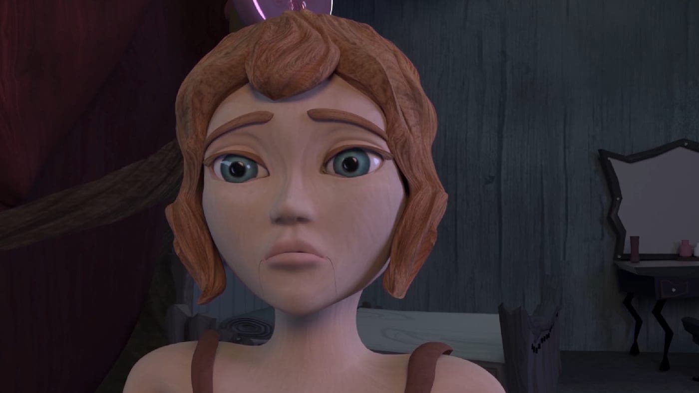 Film still: close-up of the wooden-textured heroine looking ahead with wide eyes in a dim bedroom