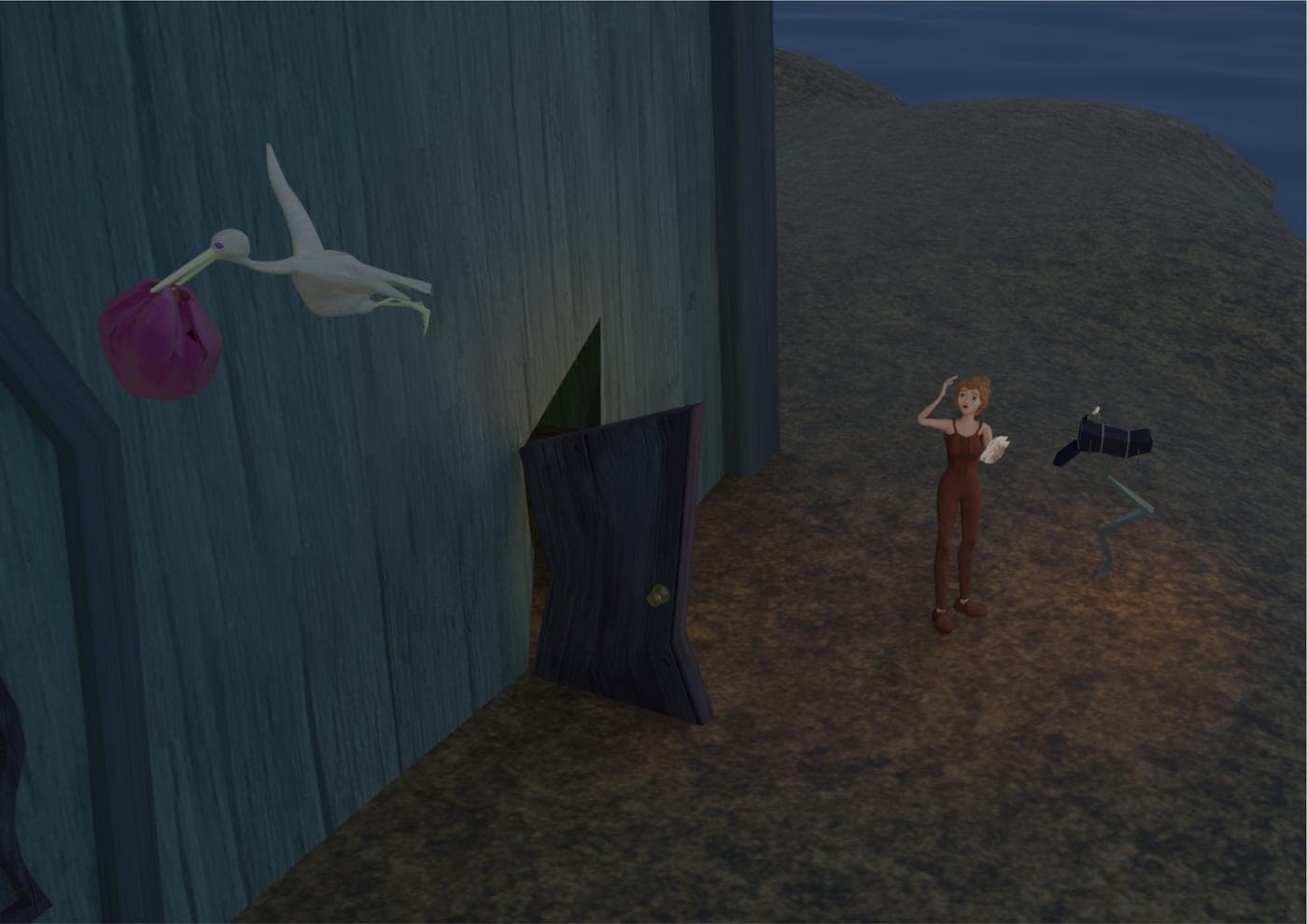 Film still: a white stork carrying a pink bundle flies past the wooden house while the heroine watches from the doorway at night