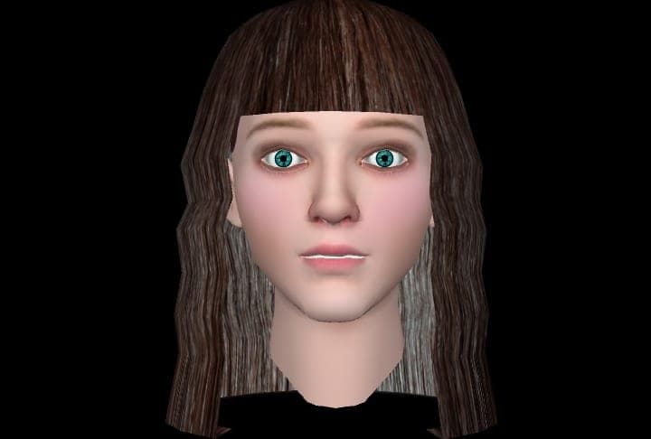 Front view of the finished head model with the painted texture applied, long brown hair and green eyes