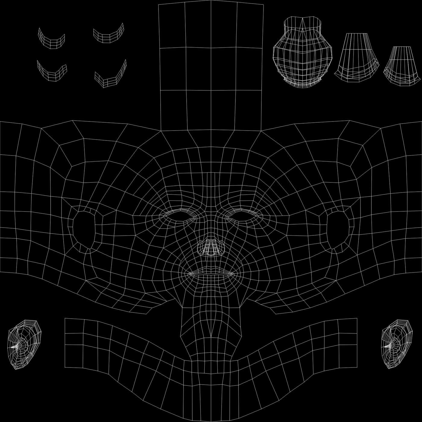 UV layout of a character head: unfolded face, scalp and ear meshes drawn as white wireframes on black