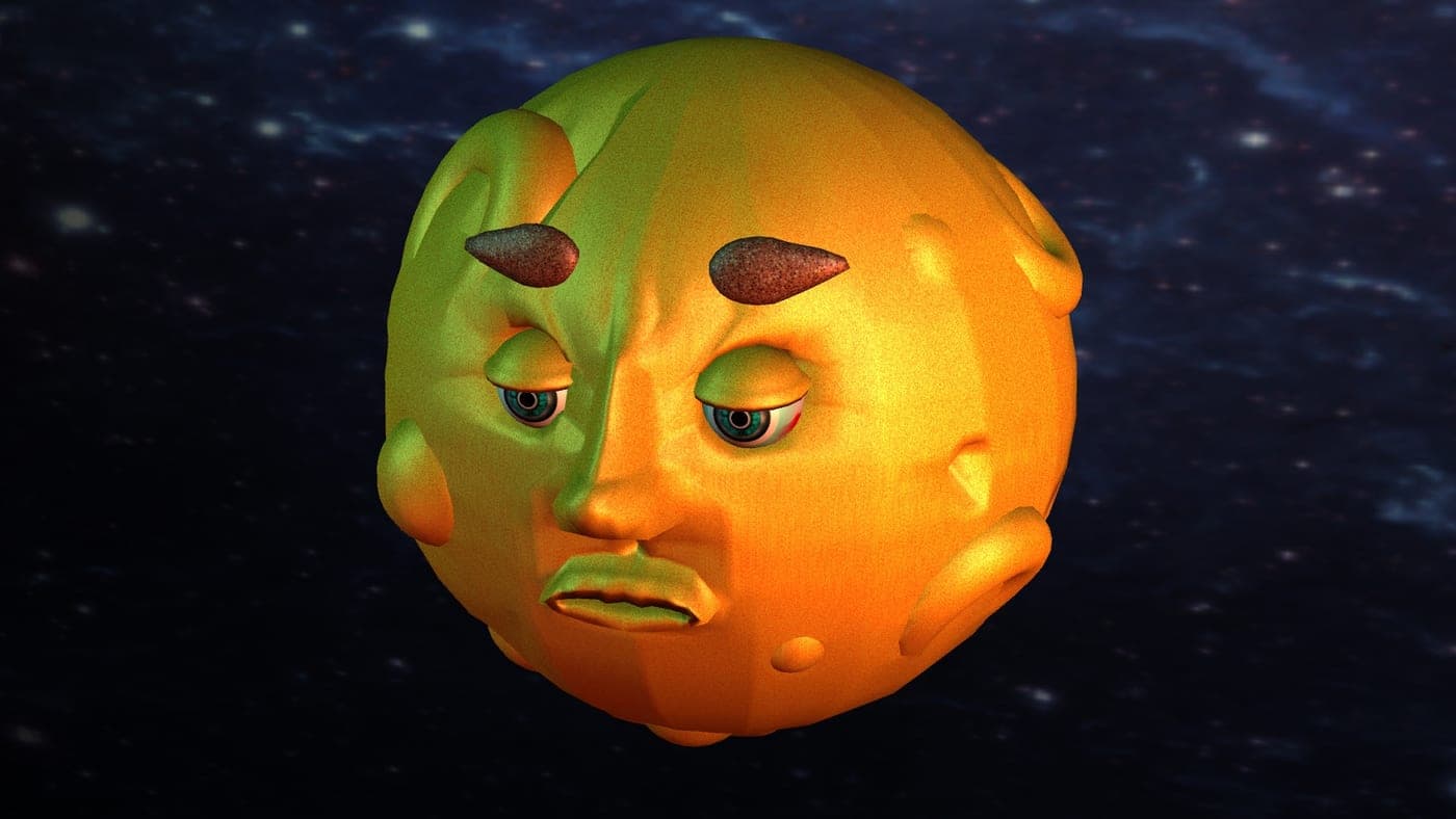 Stylized moon character: an orange cratered sphere with sleepy eyes, bushy eyebrows and a frowning mouth floating in a starfield