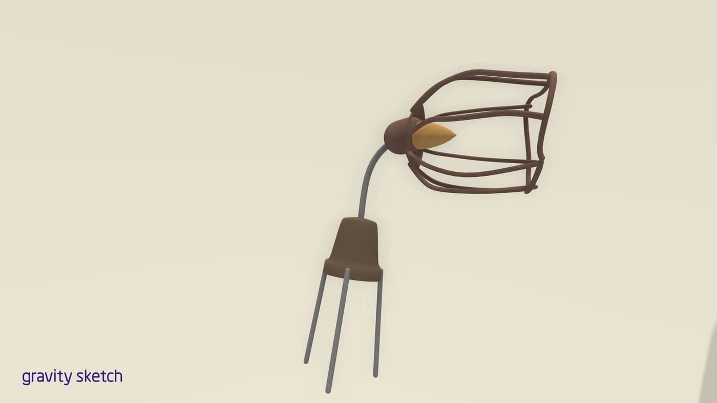 A wireframe lamp sketched in VR with Gravity Sketch: a brown cage shade around a yellow bulb on a three-legged stand