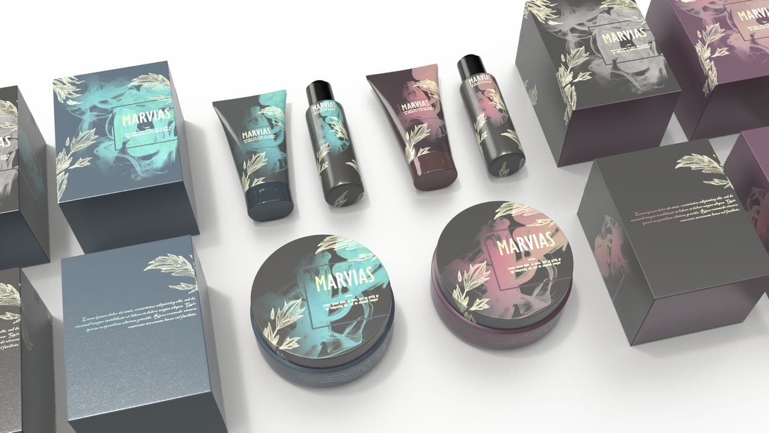 Marvias herb perfume set render with gift boxes, tubes, spray bottles and cream jars in teal and rose colorways, gold botanical line art on dark packaging.