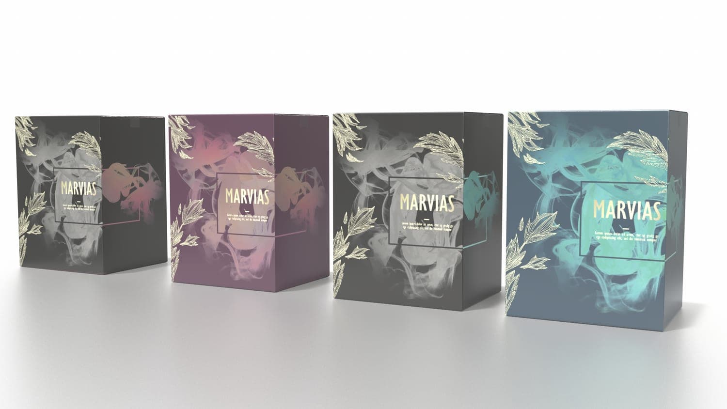 Four Marvias perfume boxes shown front-on in black, burgundy, charcoal and teal colorways with colored smoke and gold botanical line art on a dark background.