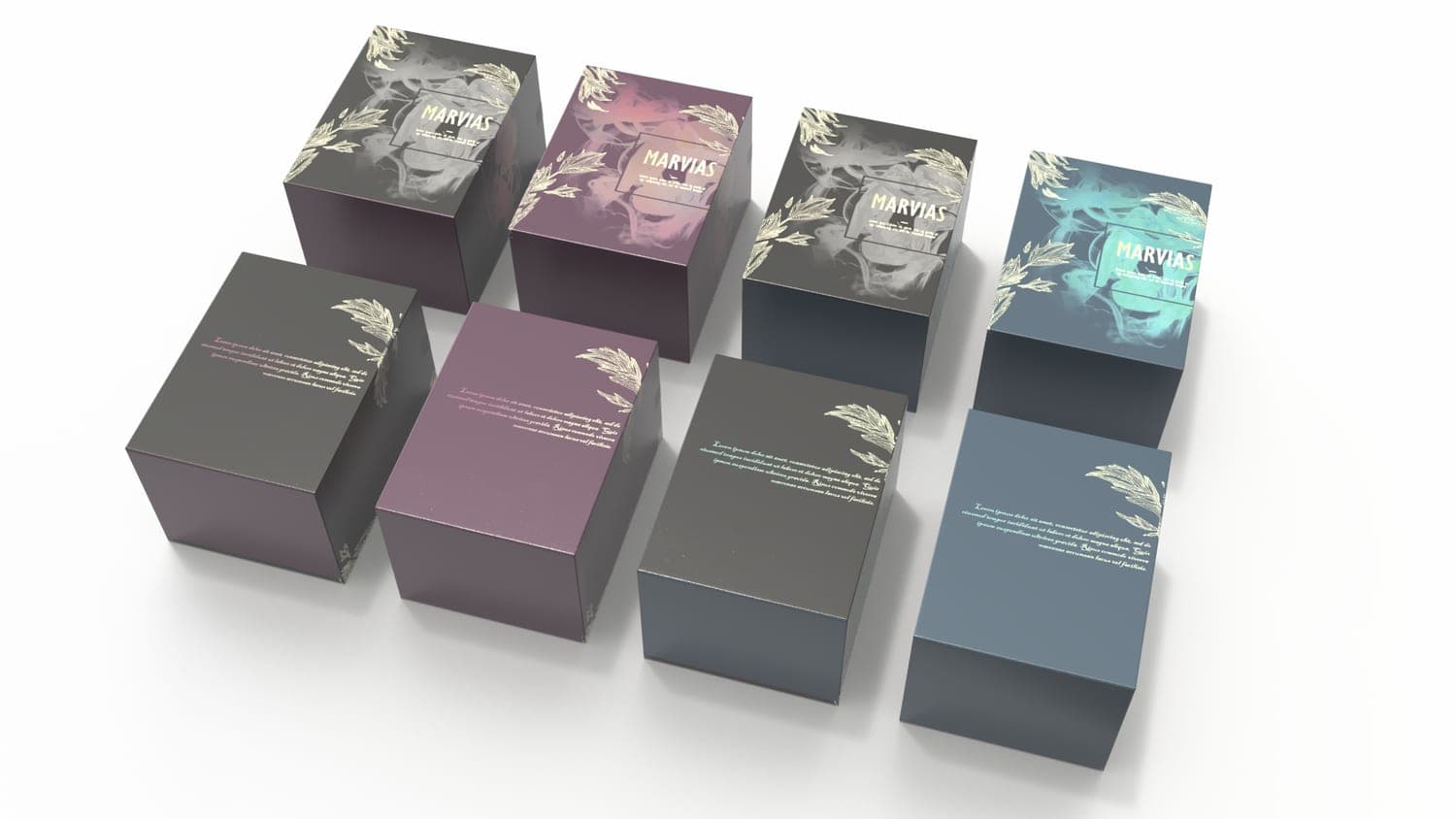 Eight Marvias perfume gift boxes in four colorways arranged in two rows, dark packaging with gold botanical line art and colored smoke motifs.
