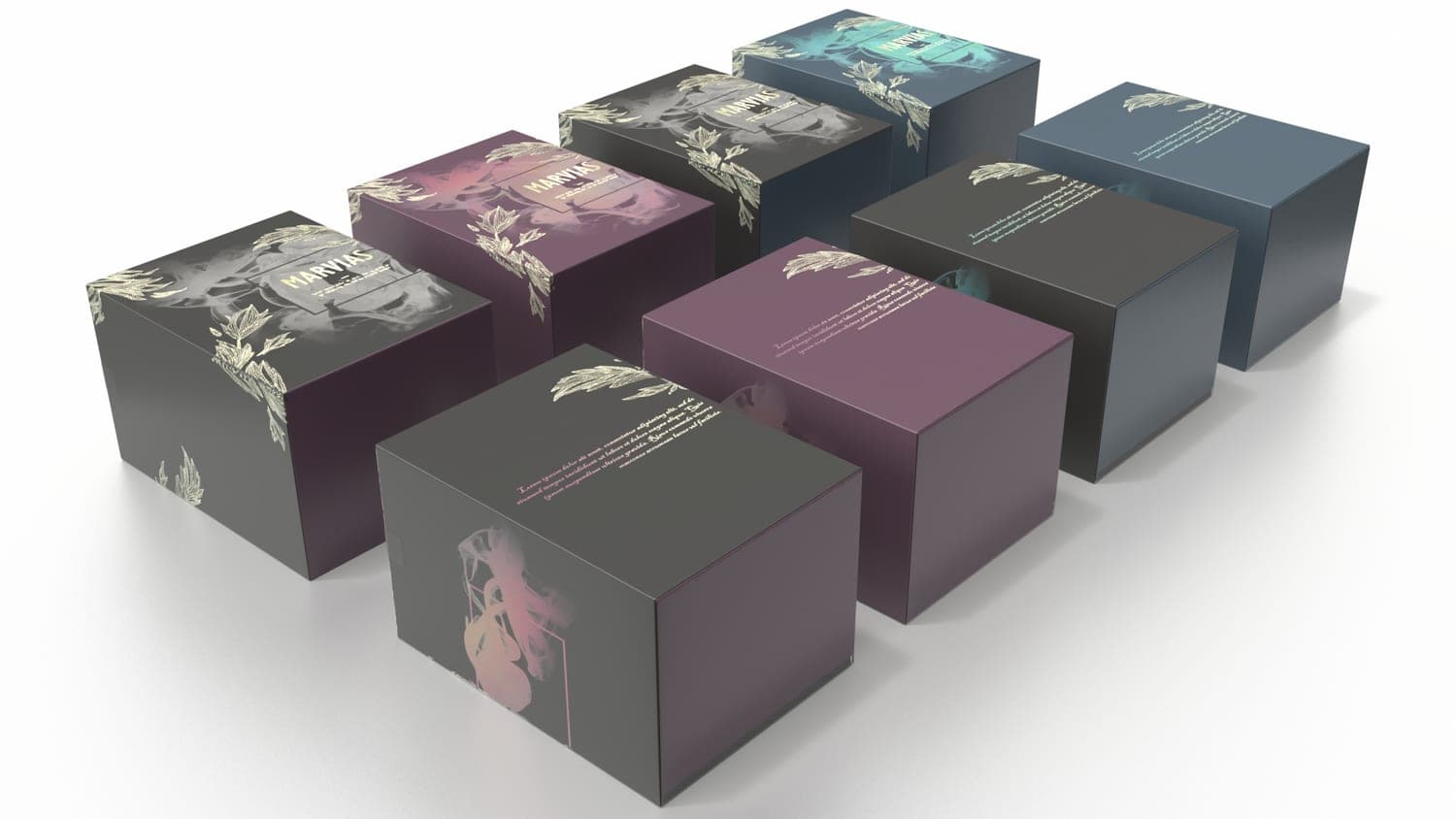 Low-angle render of eight Marvias perfume boxes in four colorways under moody lighting, gold botanical linework on dark packaging.