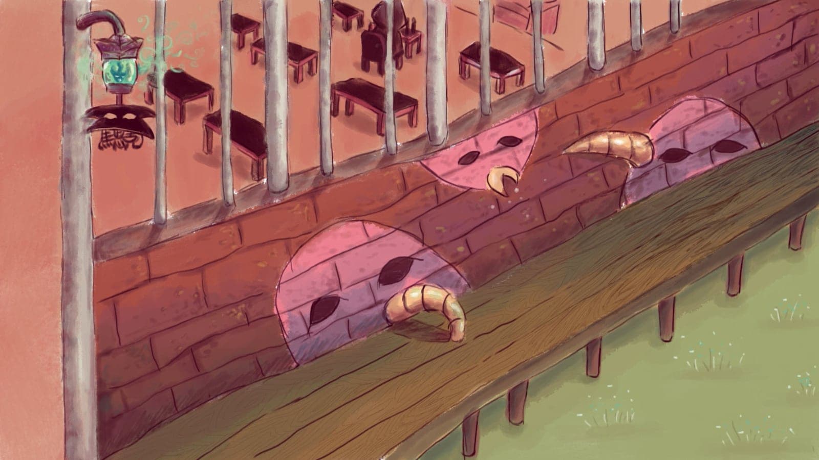 Digital painting of pink horned creatures dozing in arched hollows of a brick wall under a wooden boardwalk, with tables and a lantern behind a fence above