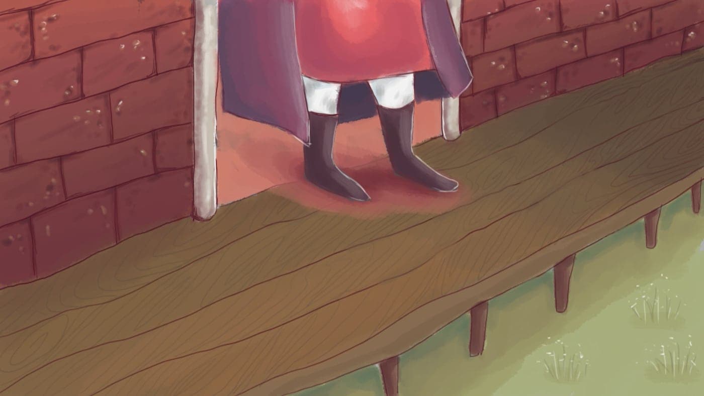 Cropped animation still showing a figure's black boots and red skirt hem in a doorway of a brick wall, standing on a wooden boardwalk