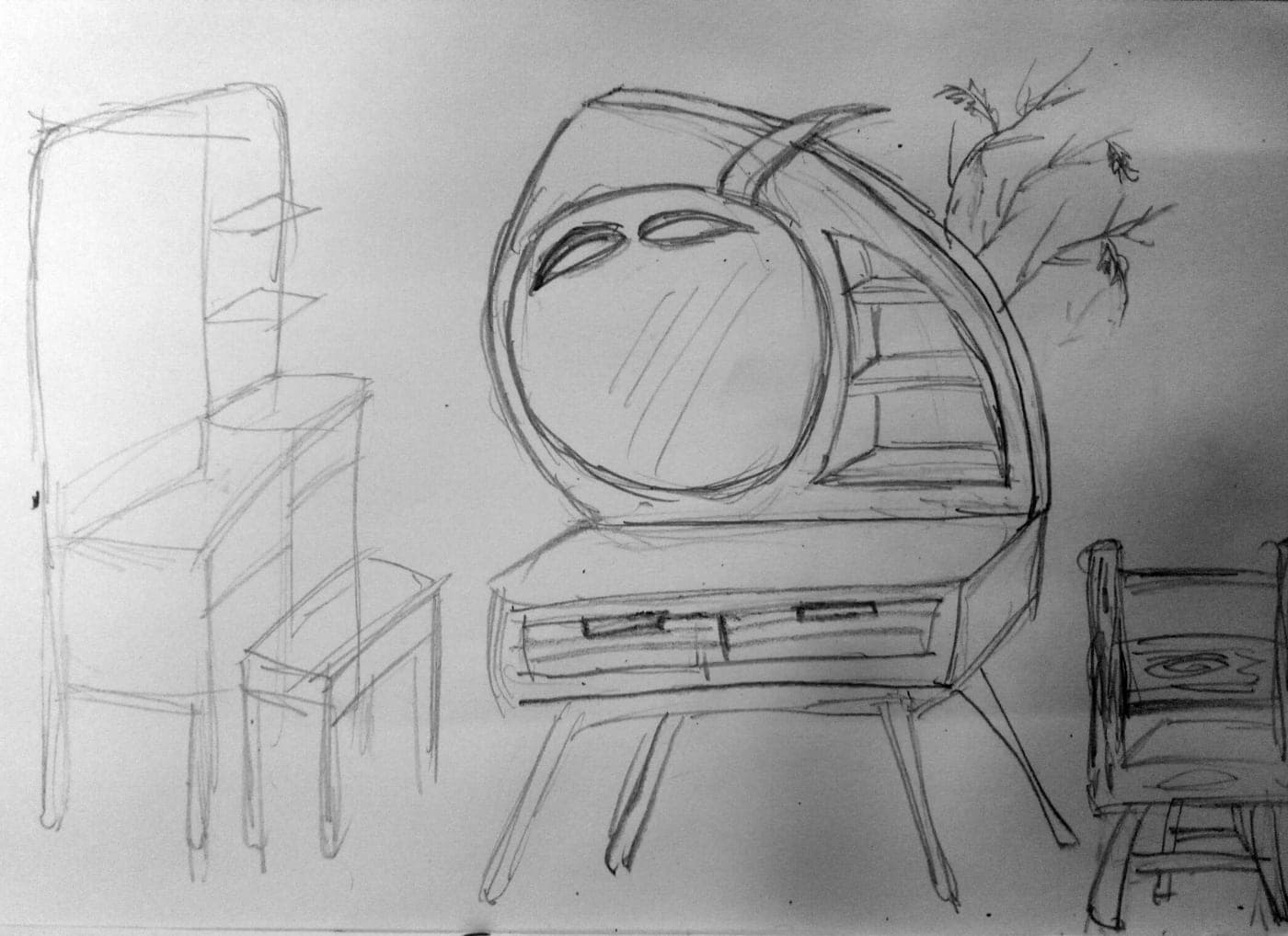 Sketchbook page of furniture concepts: a curved vanity table with round mirror, a shelved dresser, a stool, and a chair
