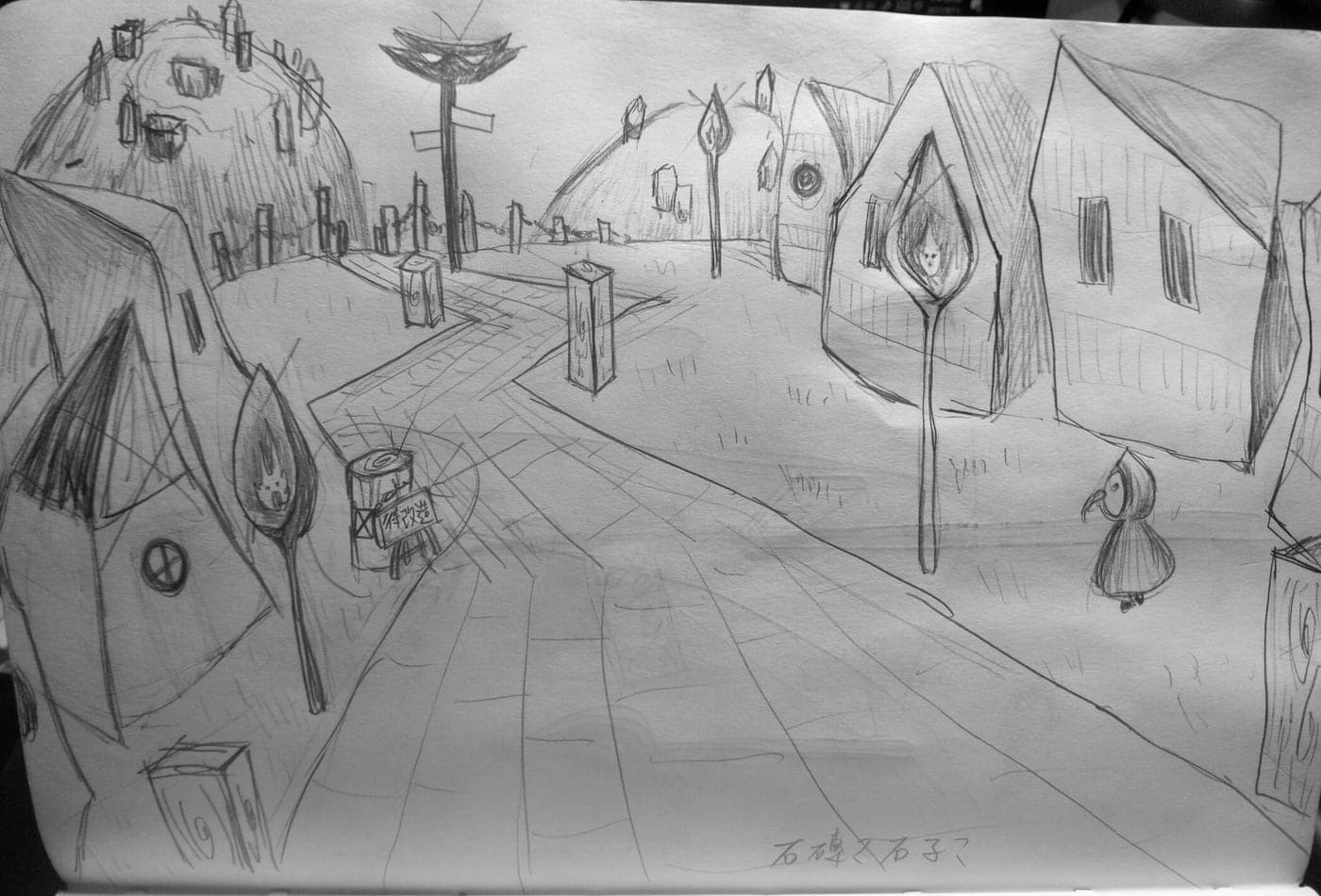 Pencil concept sketch of a village street with matchstick-flame lampposts, cobblestones, and a small plague-doctor bird figure