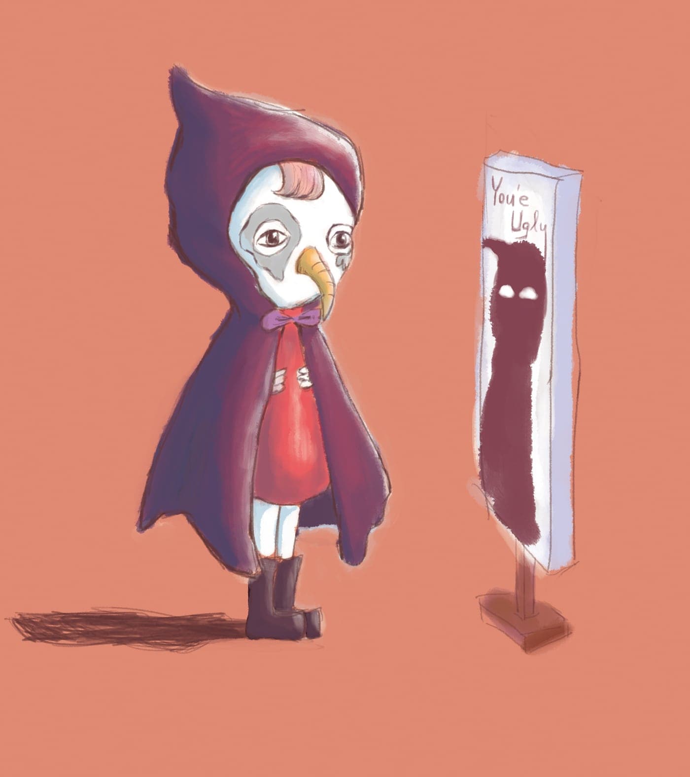 A small girl in a plum hooded cloak and pale bird-skull mask faces a standing mirror where a dark silhouette and hurtful words appear