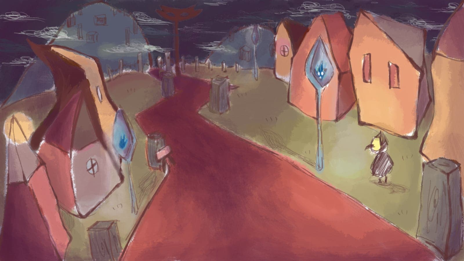 Night village scene in digital paint: angular orange houses, a red road, blue teardrop lamps, and a small hooded figure with a glowing yellow beak mask