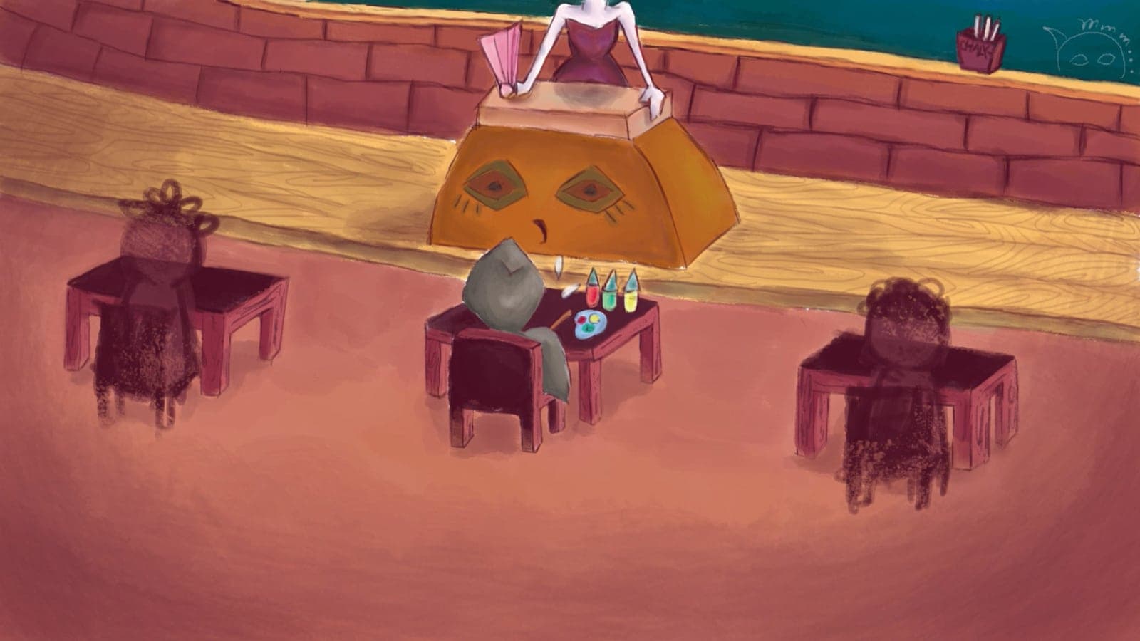 Animation still of a classroom: a masked pupil paints at a desk among shadowy students while a pale teacher stands behind a pyramid-shaped lectern with a face