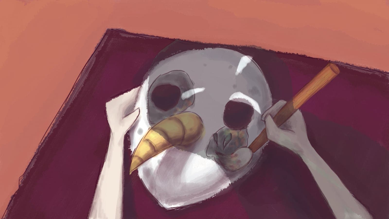 Overhead digital painting of pale hands holding a brush over a white bird-skull mask with a curved golden beak, resting on a dark red cloth