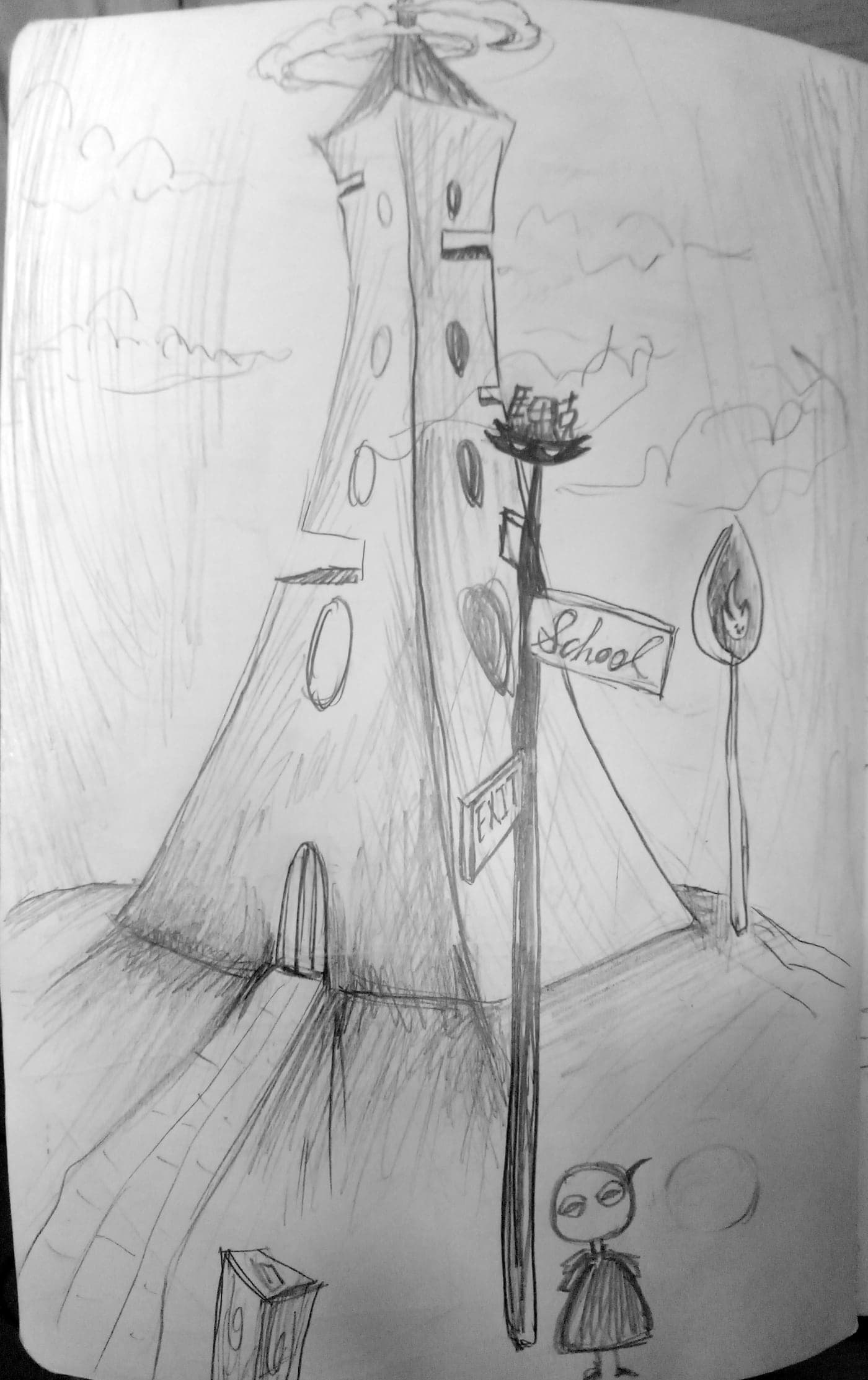 Sketch of a leaning tower school with a School signpost, an EXIT sign, a lit match as a street lamp, and a small figure below