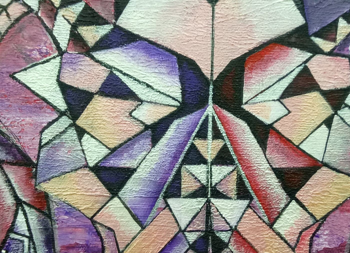 Detail crop of the ram painting showing thick oil texture, faceted planes and the fine tribal linework inside the horn segments