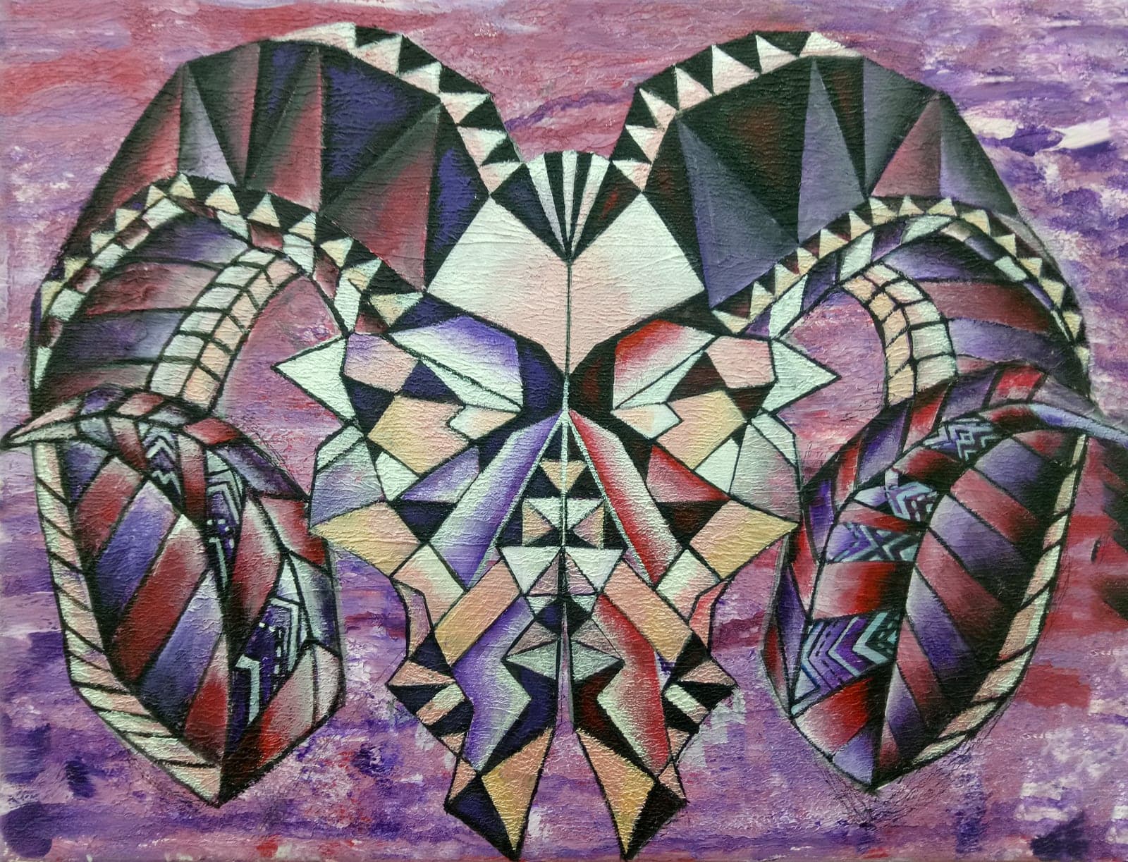 Oil painting of a ram's head built from geometric facets: massive curled horns with tribal patterns, in purple, red and cream on a textured violet ground