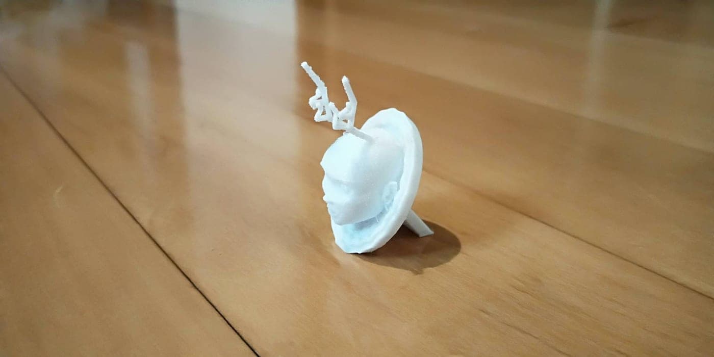 Side view of a small white 3D-printed face relief on an oval plaque, with thin branch-like print supports rising from the top, on a wooden floor.