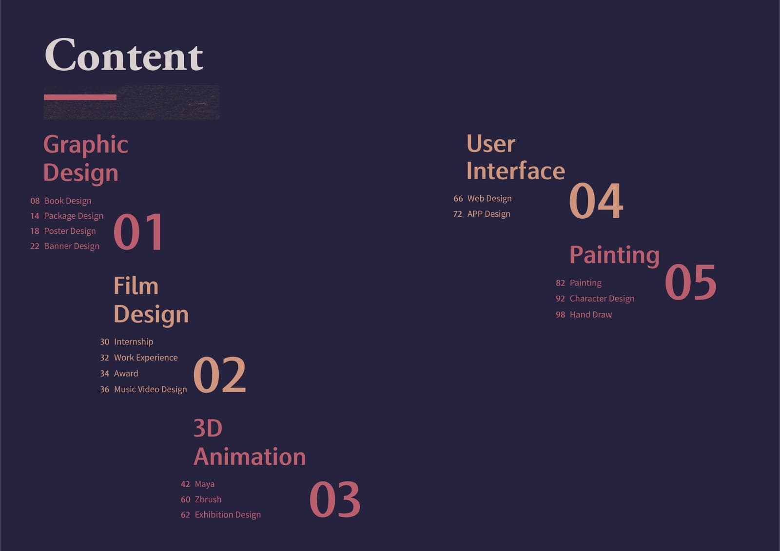 Table of contents on a navy page: five numbered chapters — 01 Graphic Design, 02 Film Design, 03 3D Animation, 04 User Interface, 05 Painting — with page numbers.