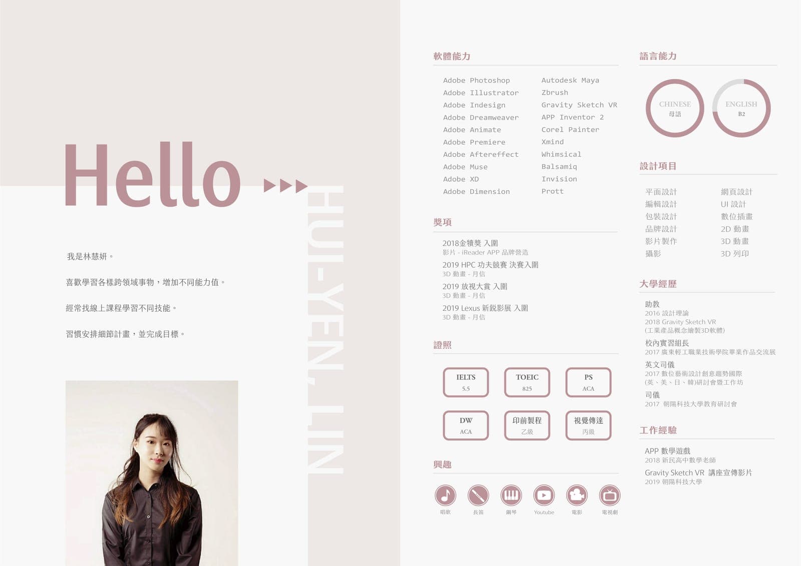 Self-introduction spread titled 'Hello': portrait photo, Chinese bio, software skill list, awards, certificates (IELTS, TOEIC, ACA), languages, and experience.