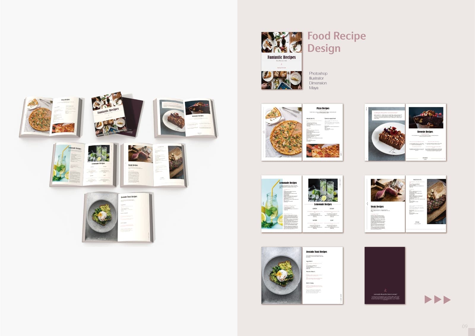 Book design spread for the 'Fantastic Recipes' cookbook: photographed open-book mockups plus flat layouts of pizza, brownie, lemonade, steak, and avocado toast recipe pages.