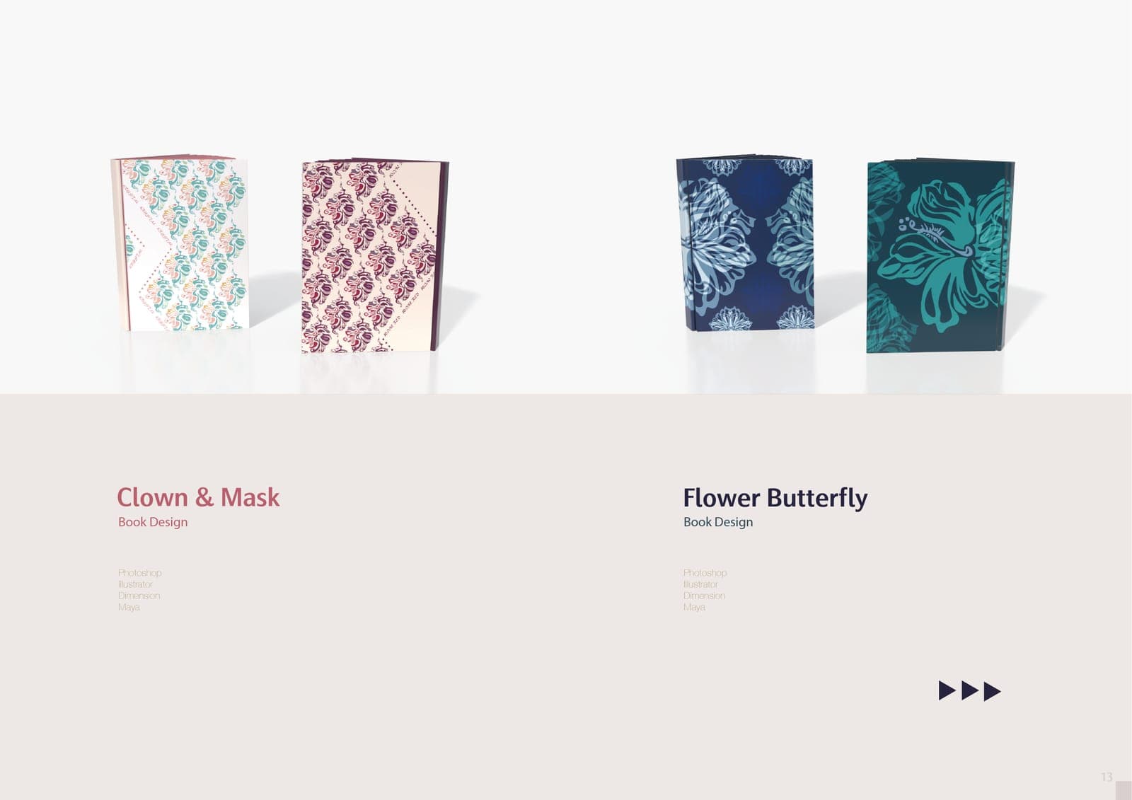Two book cover designs as 3D mockups: "Clown & Mask" with pastel patterned covers, and "Flower Butterfly" with navy and teal floral covers.