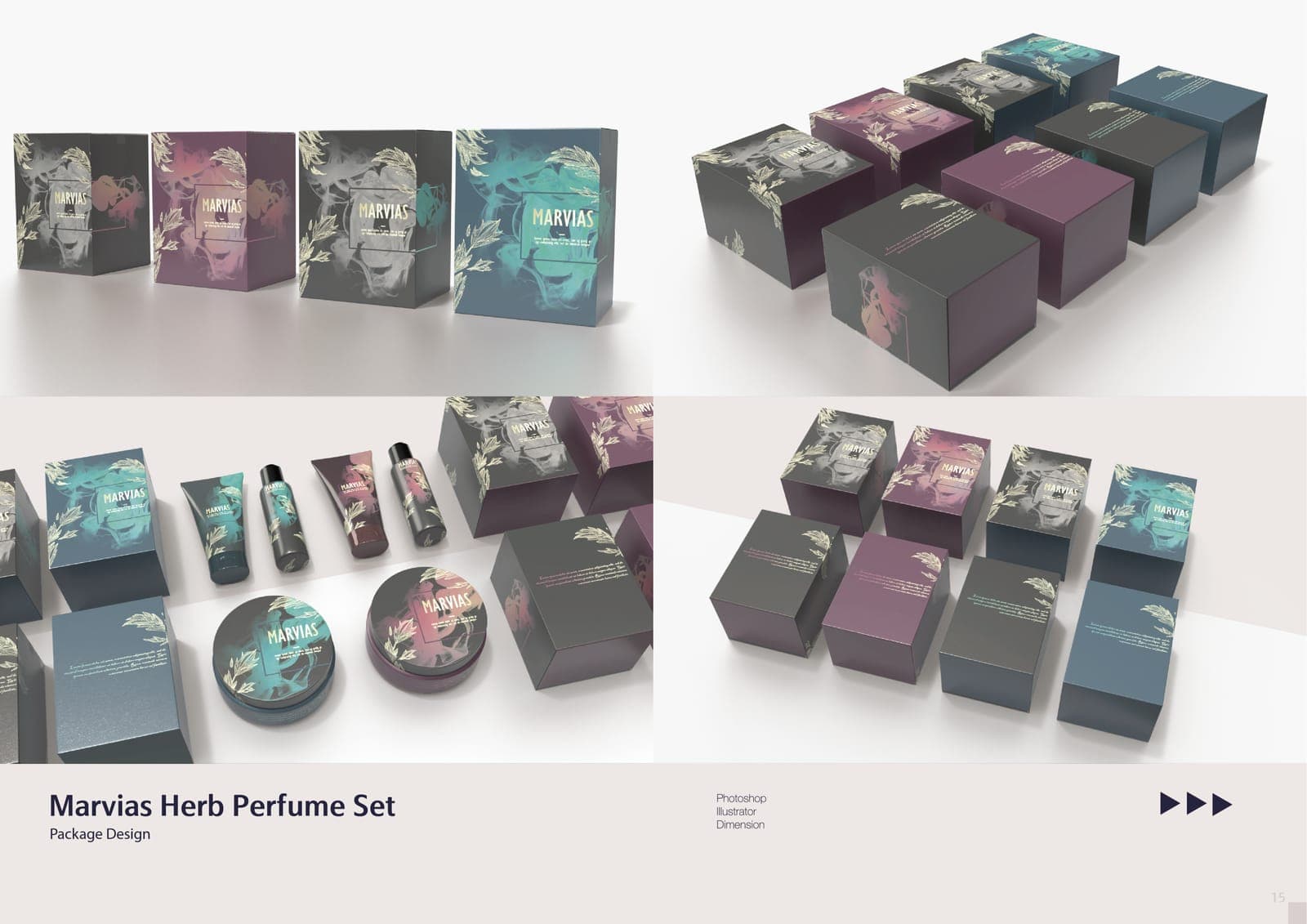 Package design for "Marvias Herb Perfume Set": 3D renders of dark boxes, tubes, spray bottles, and round jars in grey, plum, and teal with smoke and leaf motifs.