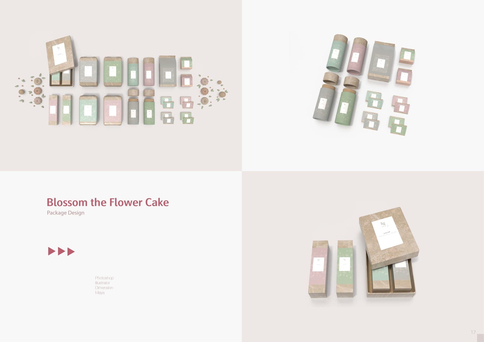 Package design for "Blossom the Flower Cake": top-view layouts of pastel kraft boxes, tubes, and cartons in pink, green, and grey, plus an open gift box mockup.