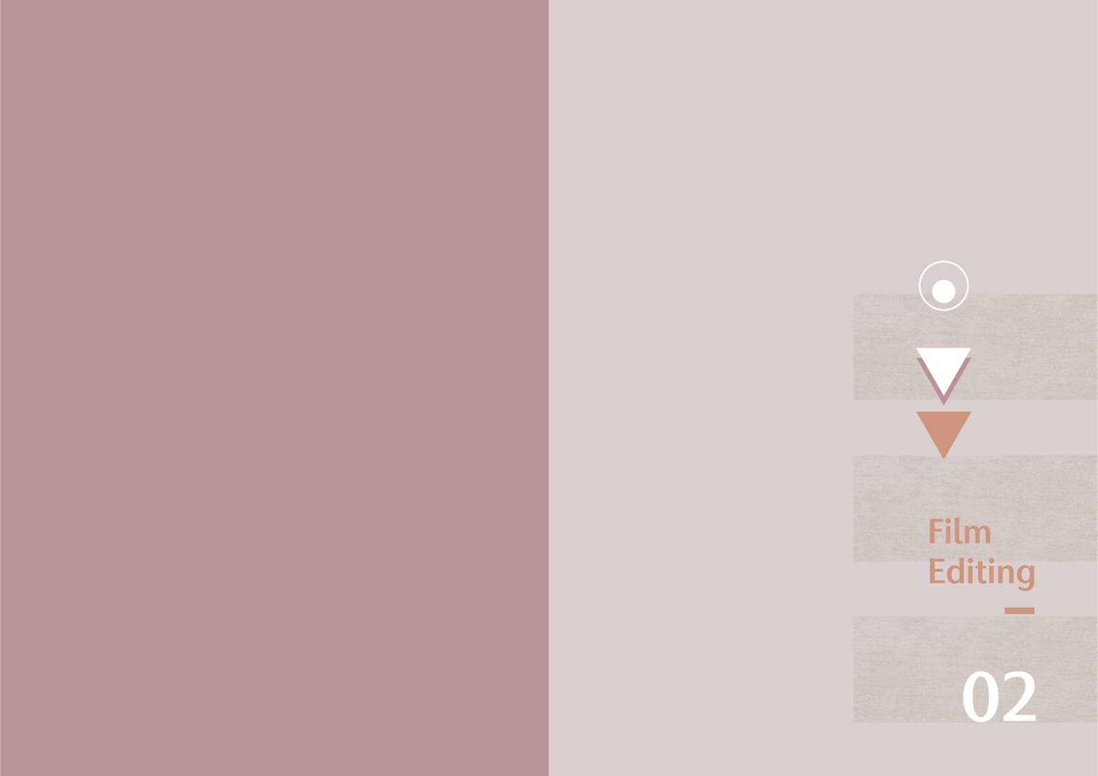 Chapter divider spread in muted rose and beige with layered paper bands, triangle motifs, the title Film Editing, and the chapter number 02.