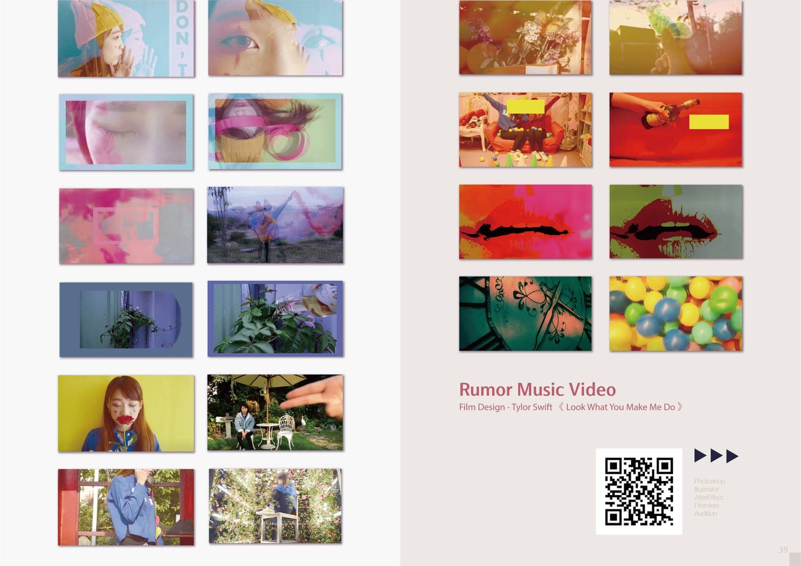 Portfolio spread for a Rumor music video: colorful experimental stills with double exposures, pop-art lips, balloons and garden scenes, set to a Taylor Swift song.