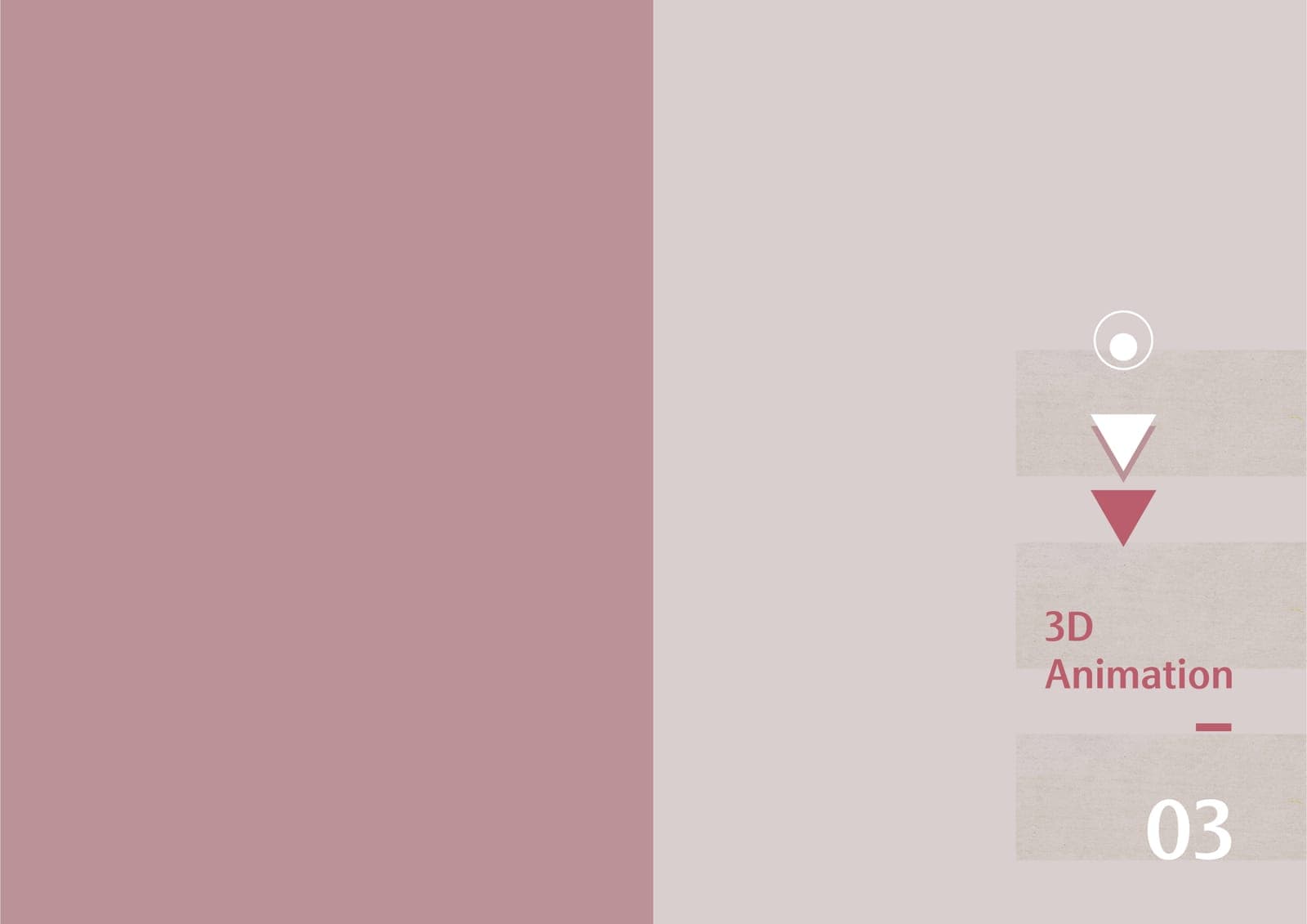 Chapter divider page in muted pink tones with layered triangle motifs, marking chapter 03, 3D Animation.
