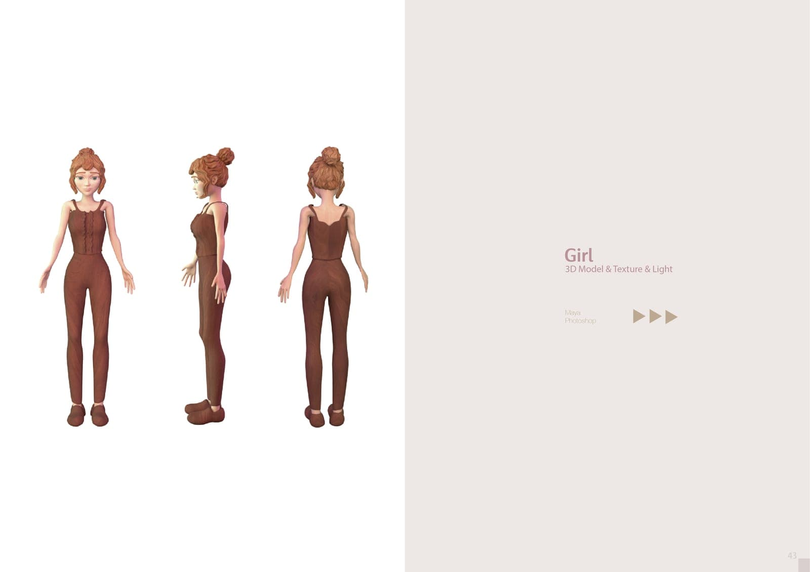 Portfolio page titled Girl: front, side and back turnaround renders of a 3D female character with a bun hairstyle and brown jumpsuit, modeled and lit in Maya.
