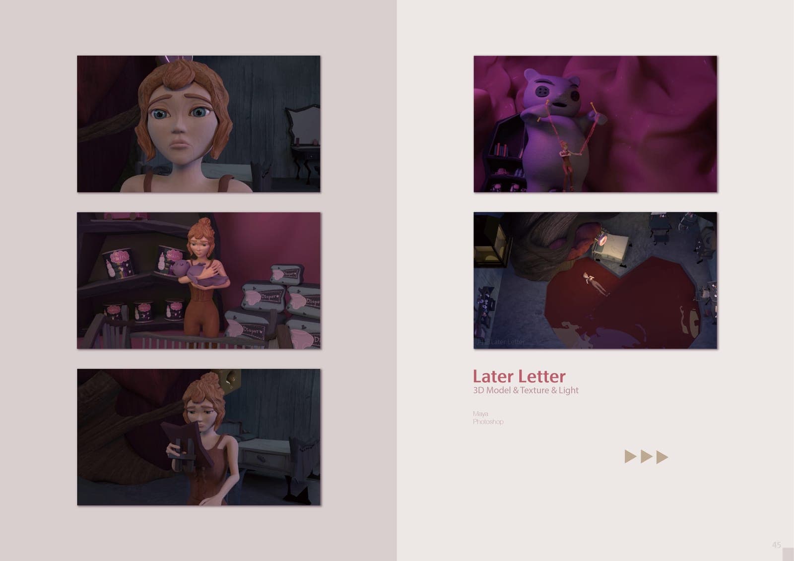 Portfolio spread for Later Letter: 3D animation stills of a woman character in a dim room, a large teddy bear scene, and a top-down view of a heart-shaped rug.