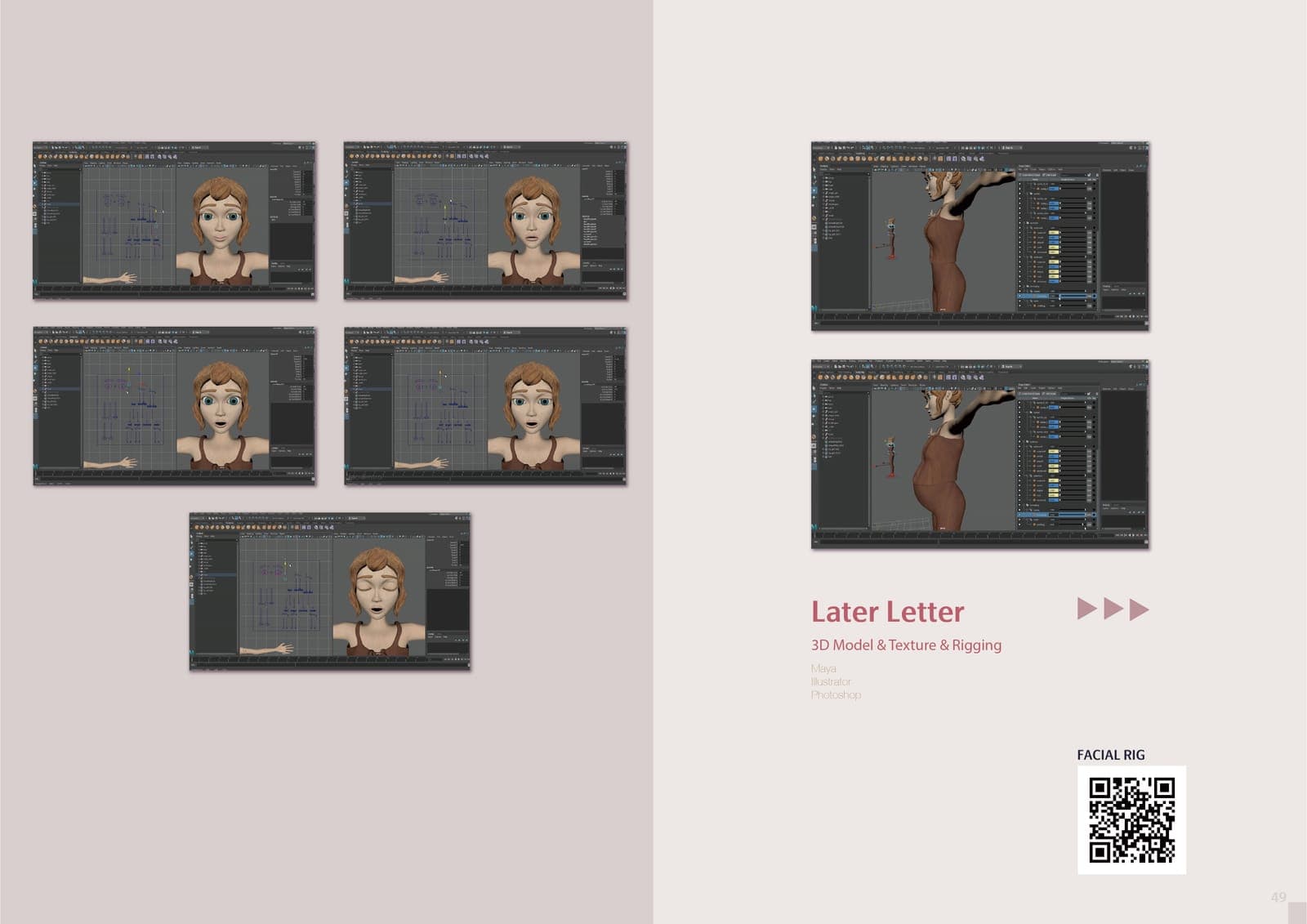 Later Letter rigging spread: five Maya screenshots of a girl character's facial rig expressions and two body-rig views, with a QR code labeled Facial Rig.