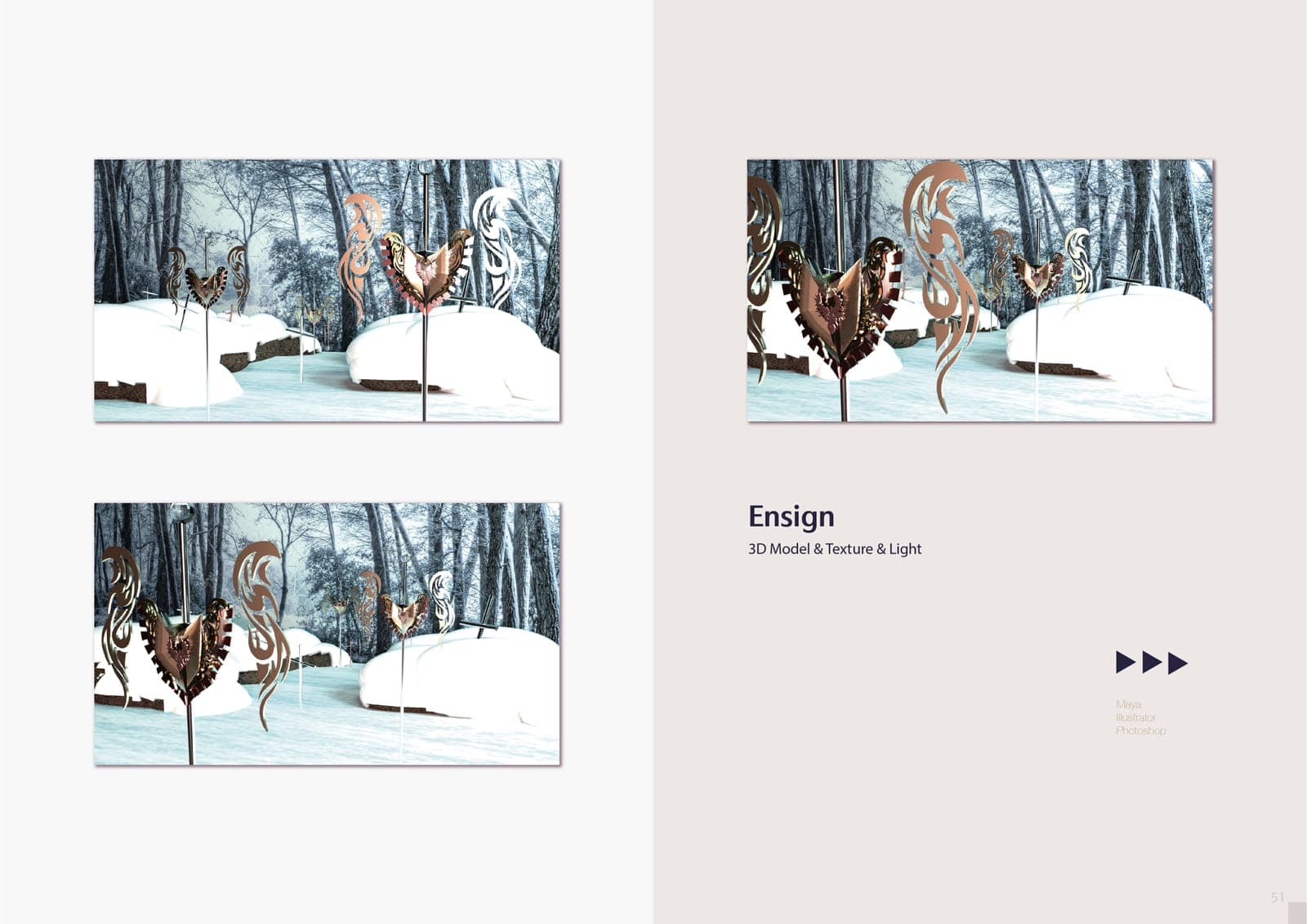 Ensign 3D spread: three renders of mirrored heart-and-wing metal sculptures on poles composited into a snowy winter forest, modeled and lit in Maya.