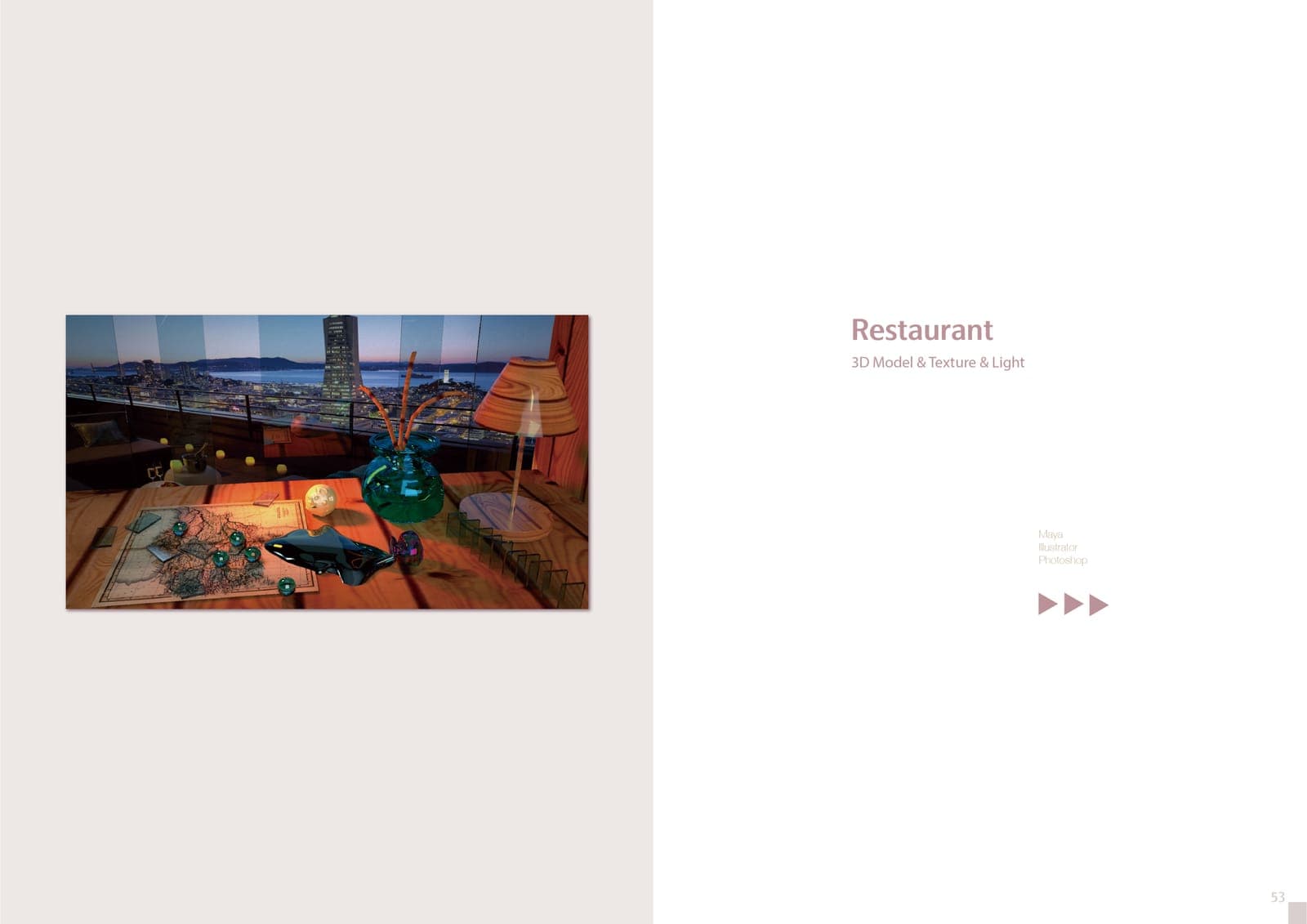 Restaurant 3D spread: one render of a wooden table by a window at dusk with a map, glass vase, lamp, and glass fish overlooking a bay city skyline.