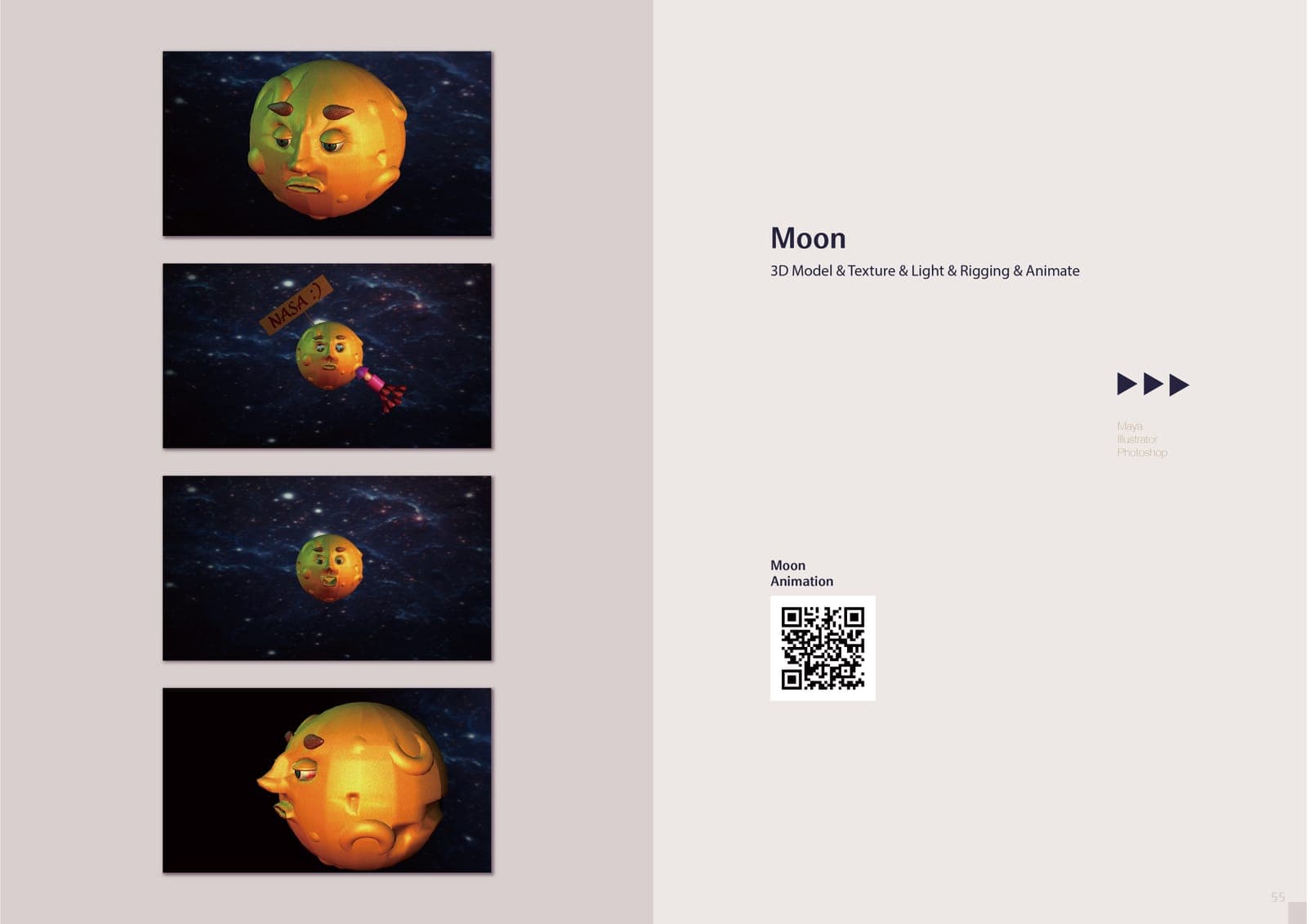 Moon 3D spread: four stills of a cartoon moon character with a face in space, one holding a NASA sign, with a QR code linking to the Moon animation.