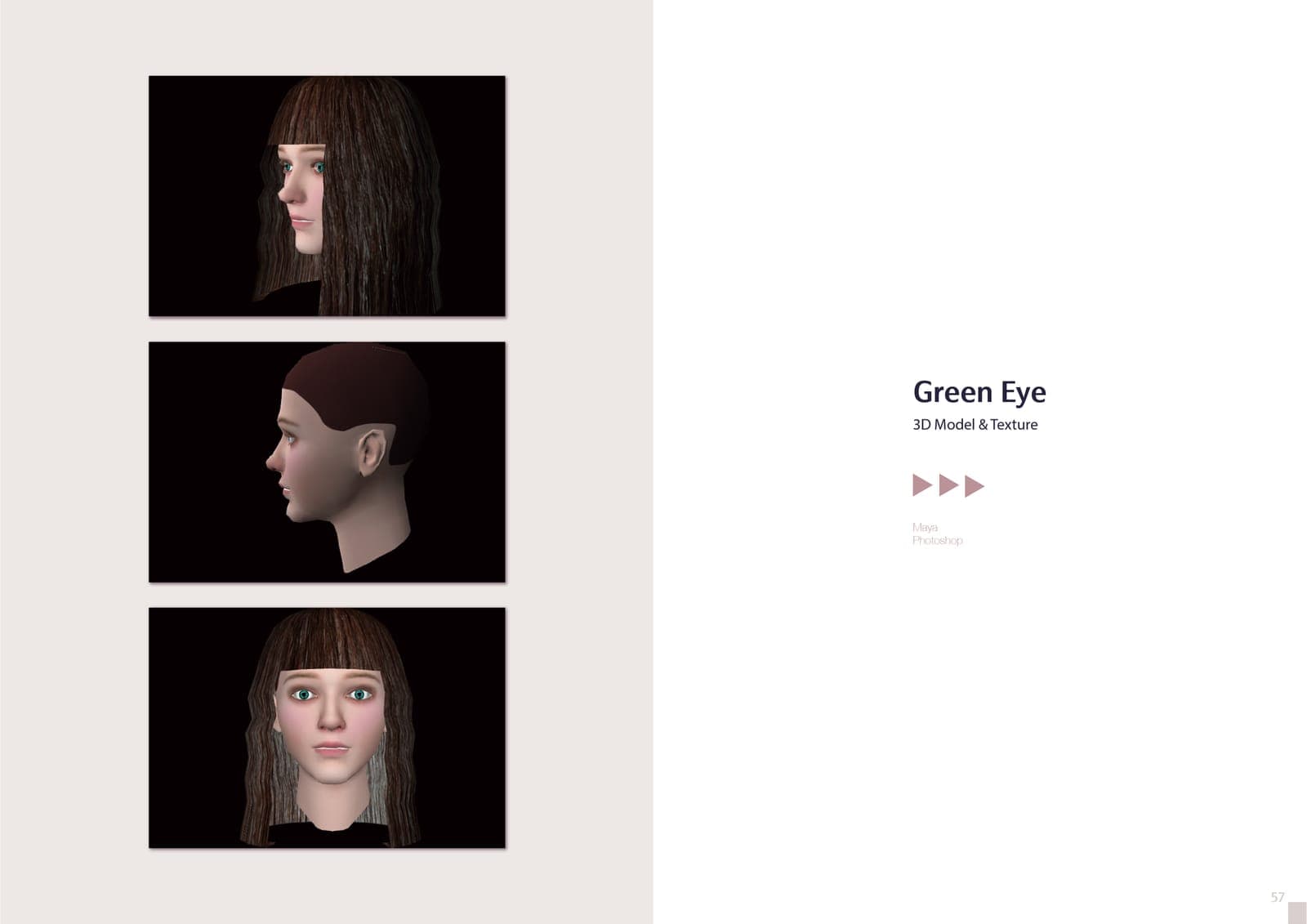 Green Eye 3D spread: three renders of a green-eyed female head model with long brown hair — side view, bald profile, and front view — made in Maya.
