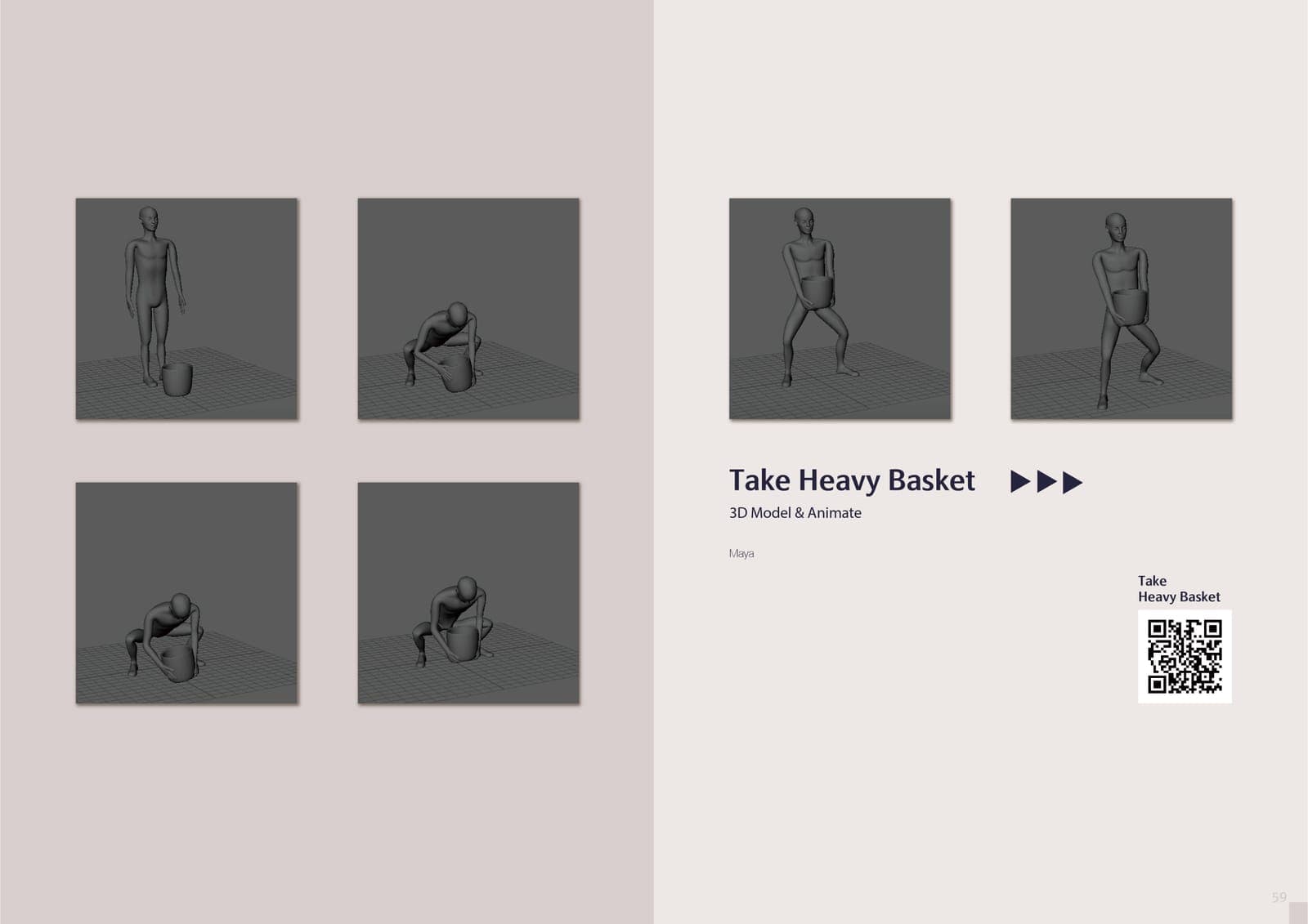 Spread of six Maya viewport stills showing a 3D human figure squatting to lift a heavy basket, an animation study titled Take Heavy Basket, with a QR code.